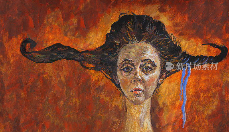 插图油画肖像的女孩与一个长脖子和黑色长发在一个深褐色的背景