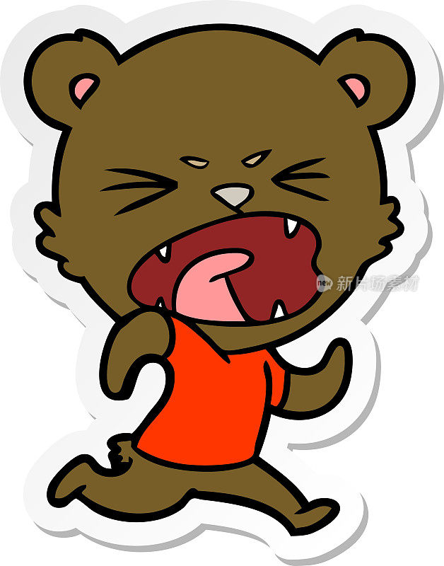一张愤怒的卡通熊在奔跑的贴纸