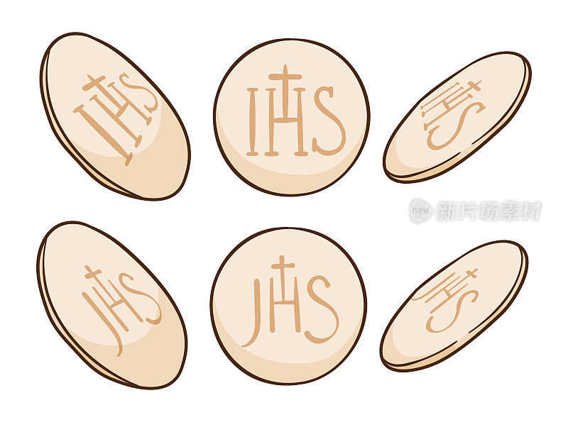 圣餐面包与IHS和JHS字母组合在卡通风格，矢量插图