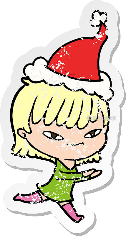 手绘苦恼贴纸卡通的一个女人戴着圣诞老人的帽子