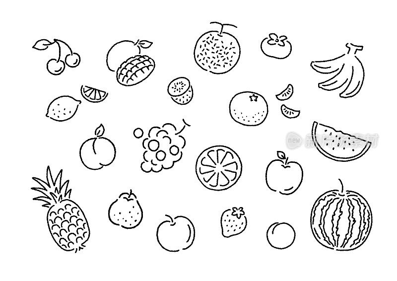 黑白线条画简单可爱的水果插画集