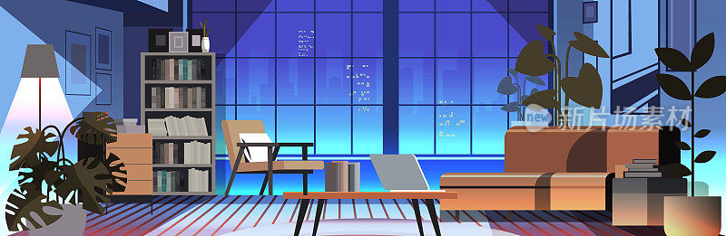 现代阁楼室内夜间开放空间家庭办公室与家具为企业或自由职业者的工作