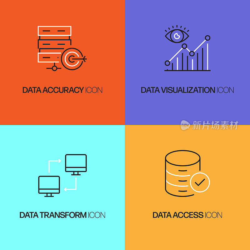 数据分析相关的矢量细线图标。轮廓符号集合