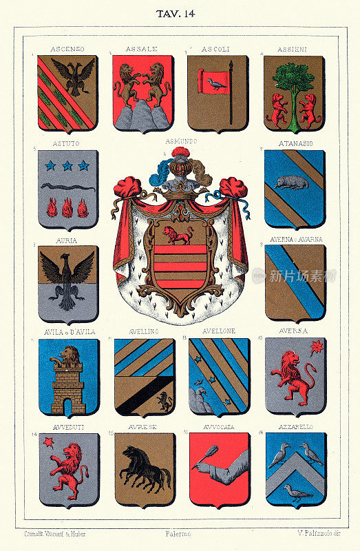 复古插图，纹章，徽章，纹章盾牌与符号，狮子，鹰，黑色种马，意大利，西西里，19世纪