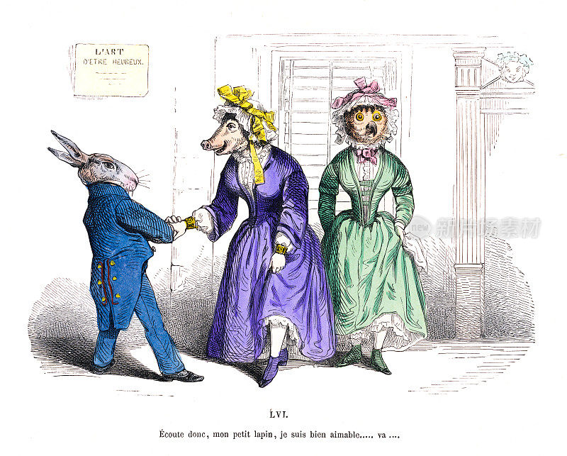 听着，我的小兔子?我很善良!:手工彩色平版版画《格兰维尔动物寓言》，1869年