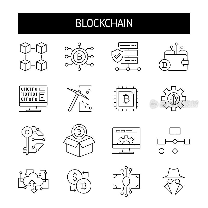 区块链线路图标集。技术，比特币，连接，未来主义，数据库，虚拟现实
