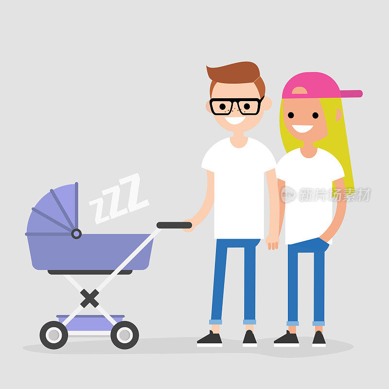 年轻的一家人推着婴儿车走路。母亲和父亲。一对夫妇和一个孩子。平面可编辑矢量插图，剪辑艺术