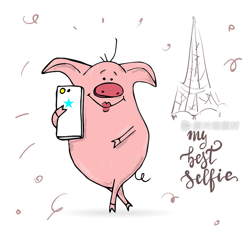 带着智能手机的可爱猪。
