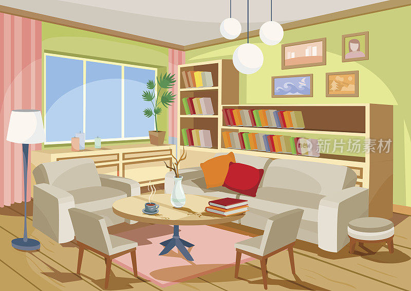 矢量插图的一个舒适的卡通室内，一个客厅