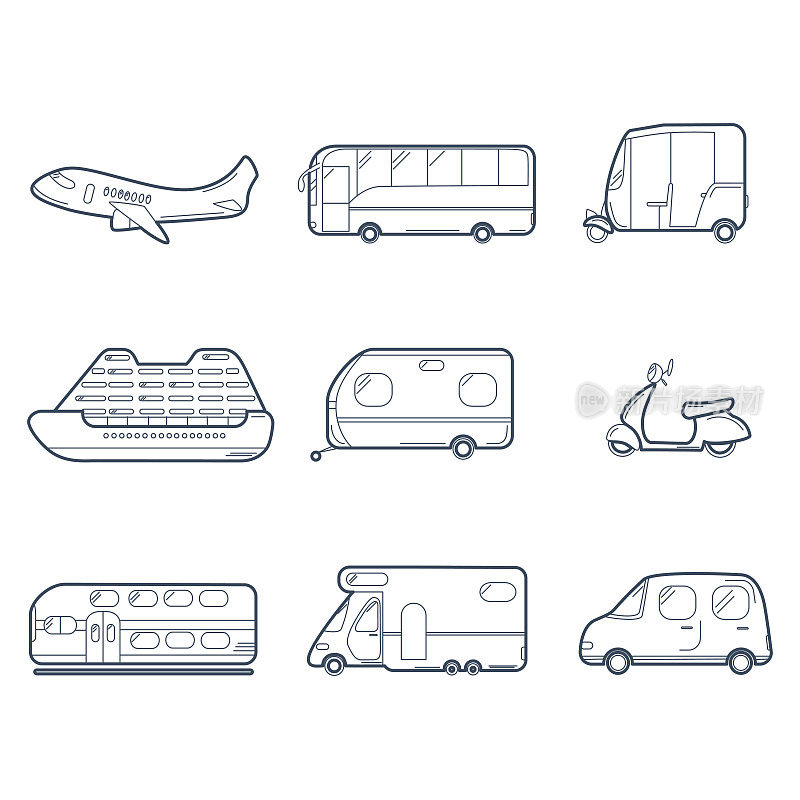 运输收集飞机，巴士，滑板车，班轮，拖车，嘟嘟车，快车，大篷车和汽车。
