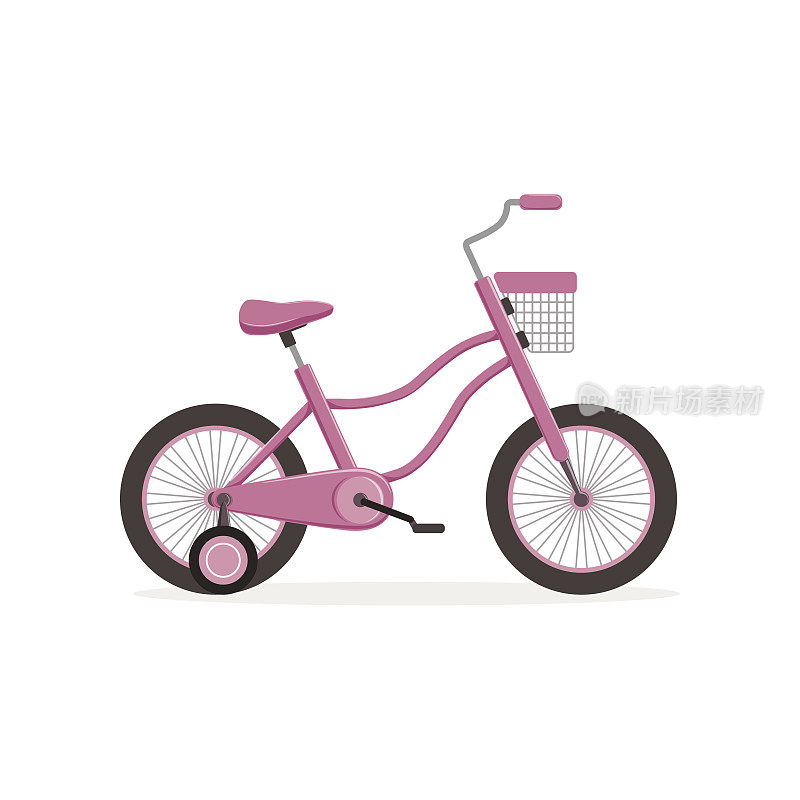 粉色自行车与训练轮，儿童自行车矢量插图
