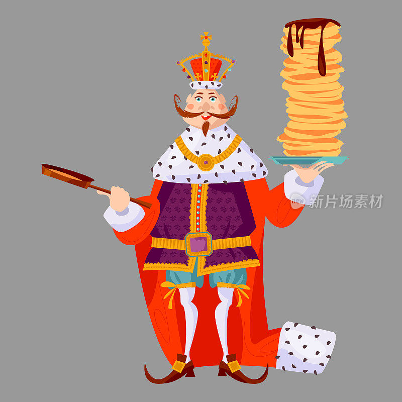 国王头戴皇冠，披着皇家斗篷，手里拿着一堆煎饼和一个煎锅。煎饼一天快乐!