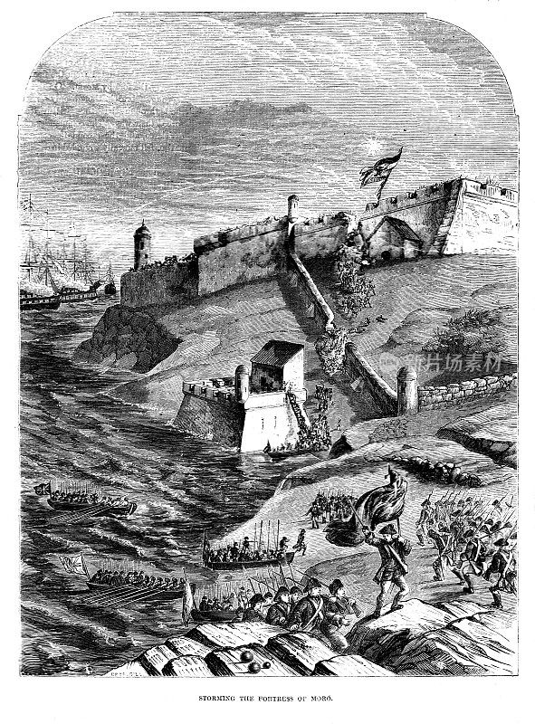 维多利亚时代插图;攻占古巴摩罗要塞。莫罗城堡被英国军队袭击。哈瓦那湾入口处的要塞;19世纪卡索的历史1861