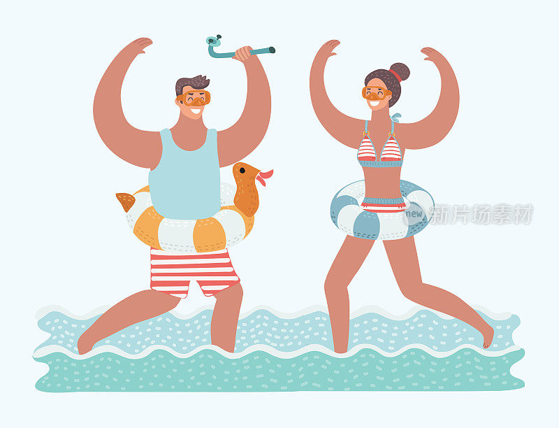 矢量插图的夫妇与潜水面罩在他们的脸上和潜水管在他们的手中在海水中跑步