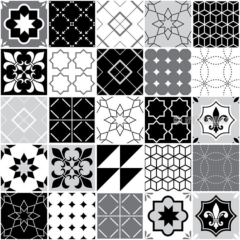 葡萄牙瓷砖Azulejos，无缝矢量瓷砖图案，几何和花卉设计-黑，白，灰拼接