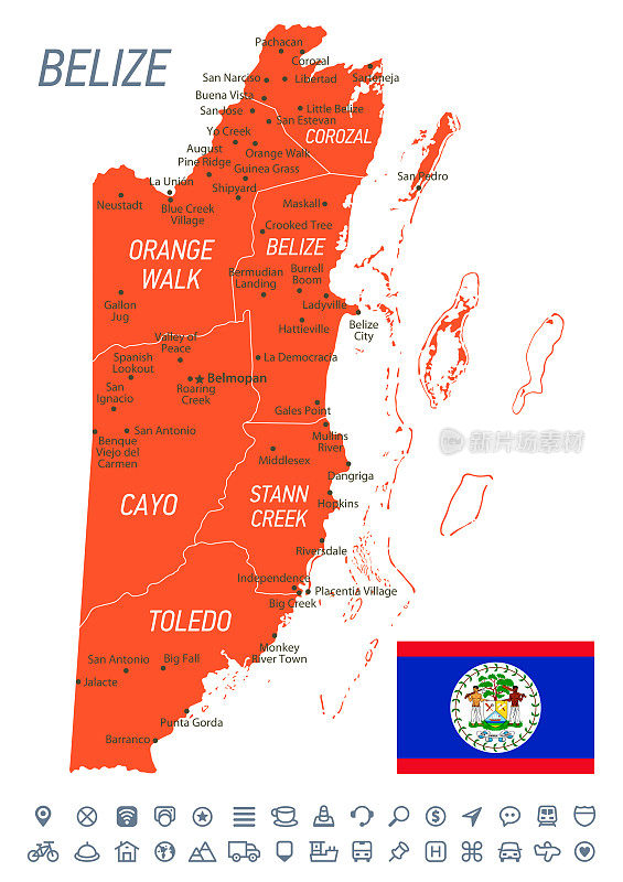 伯利兹的地图。矢量地图与国旗，省份和导航图标