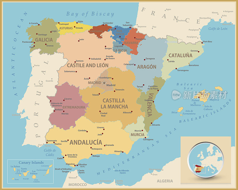 西班牙复古彩色地图