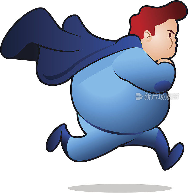 胖乎乎的超级英雄跑去和穿蓝色衣服的人战斗
