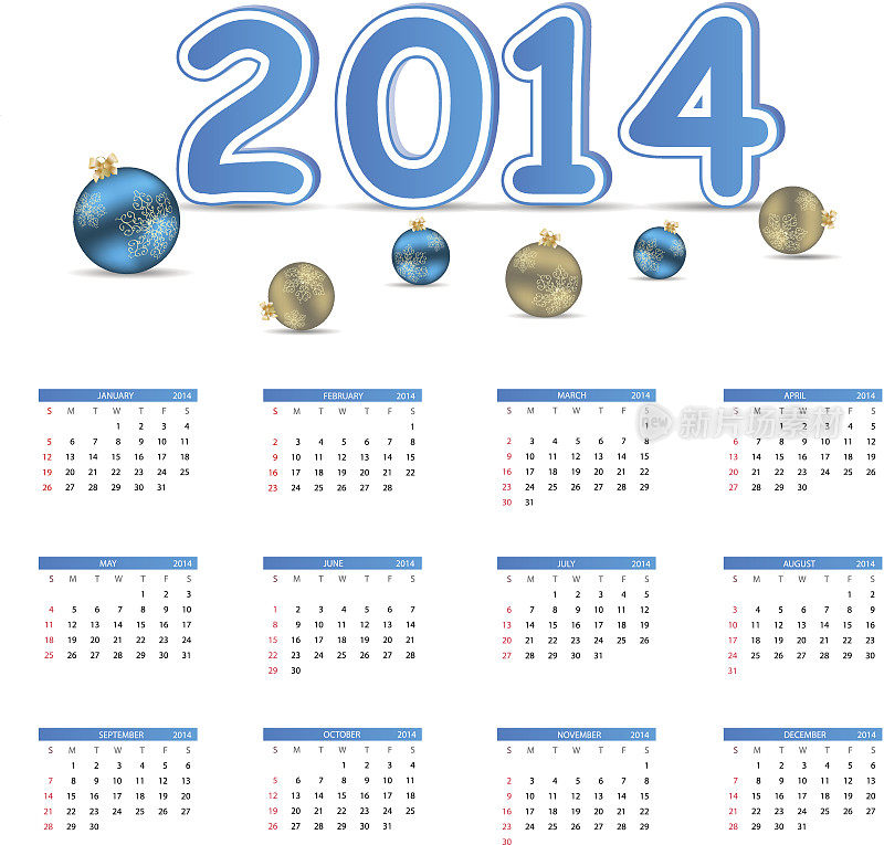 矢量插图。2014年新年日历。
