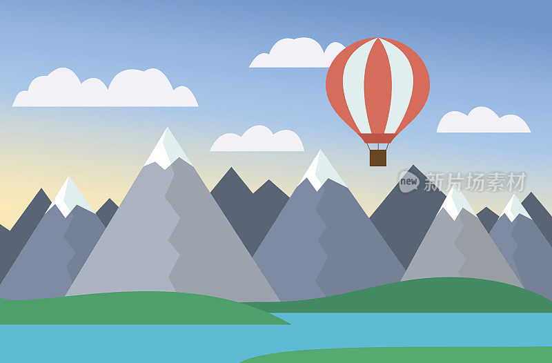 卡通彩色矢量插图的山景观与湖和山下蓝天与云彩和红色热气球