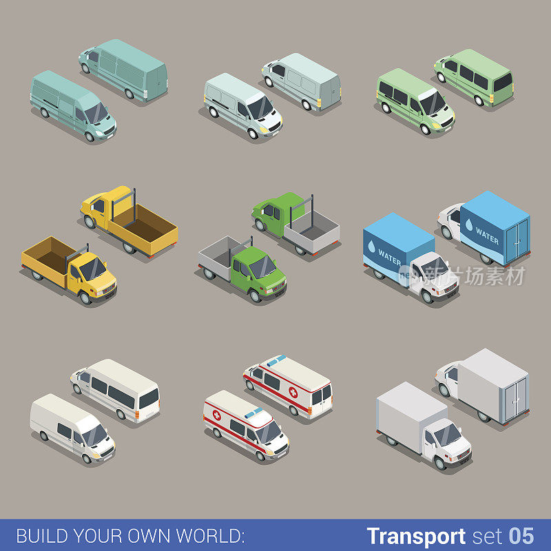 平面三维等距高品质城市货运货物运输图标集。汽车、卡车、货车、建筑、救护车、供水、微型公共汽车。建立你自己的世界网络信息图表收集。