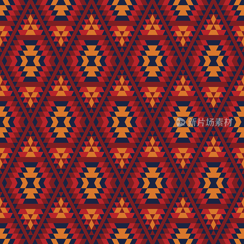 色彩鲜艳的阿兹特克红黄蓝几何民族无缝图案，矢量