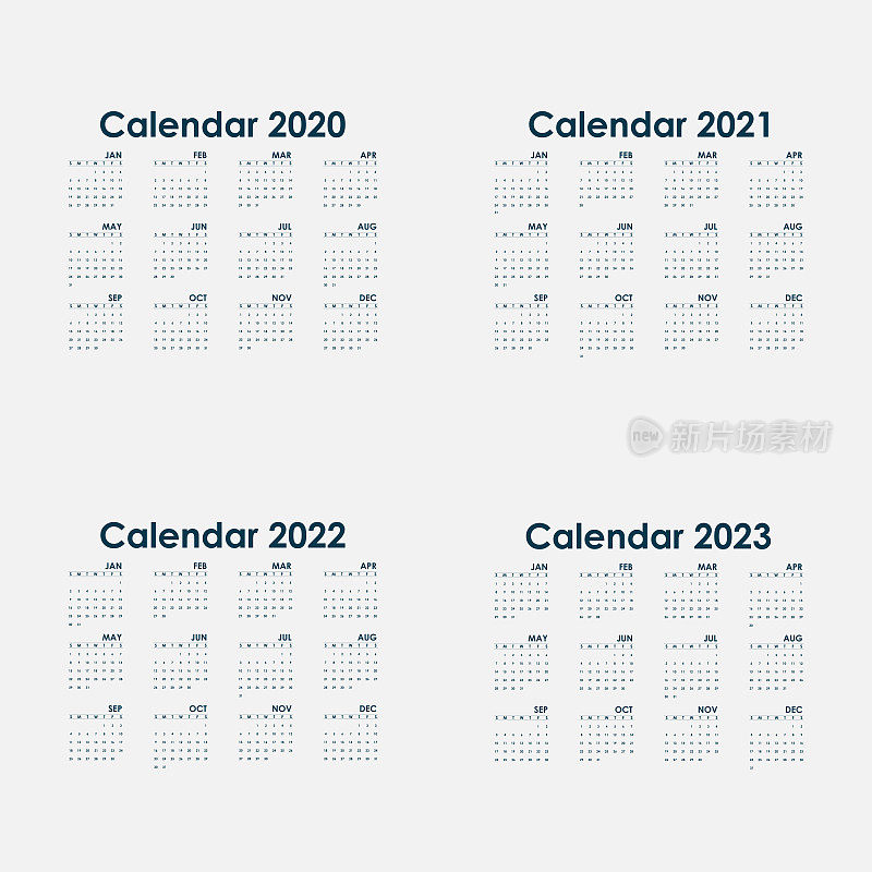 日历2020年，2021年，2022年和2023年日历模板。日历的设计。年历矢量设计文具模板。矢量插图。