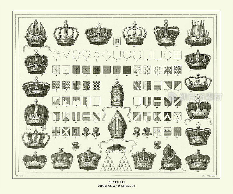 雕刻古董，皇冠和盾牌雕刻古董插图，出版1851年
