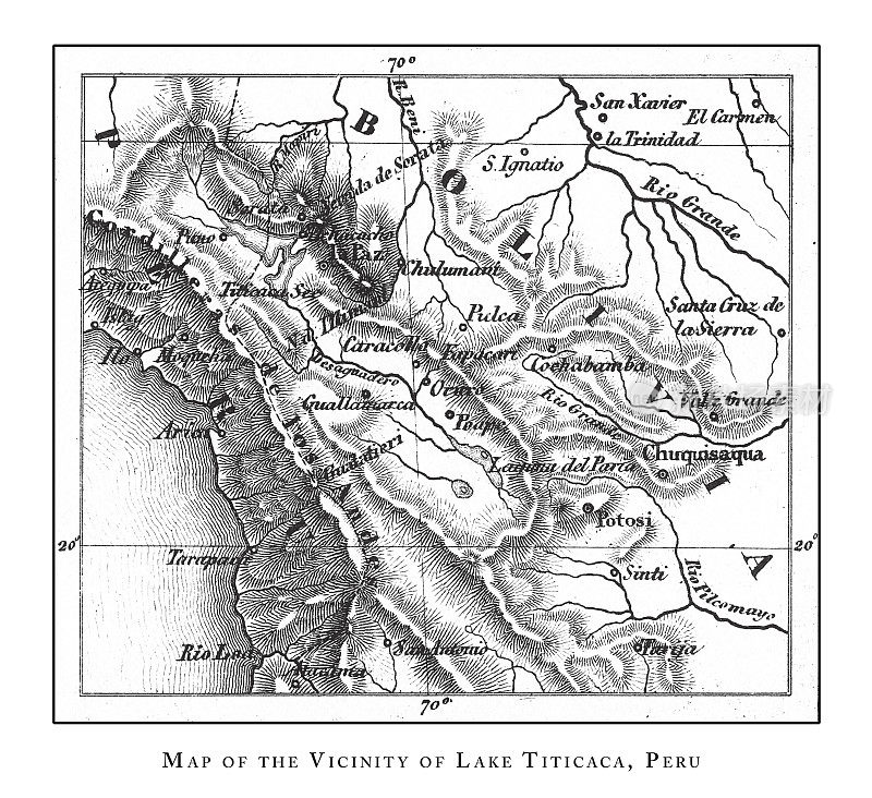 秘鲁的喀喀湖附近地图，火山和火山构造雕刻古董插图，1851年出版