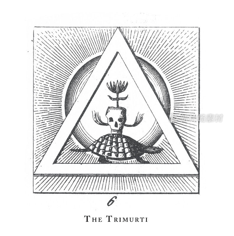 印度教和佛教的宗教符号和宗教器具雕刻古董插图，1851年出版