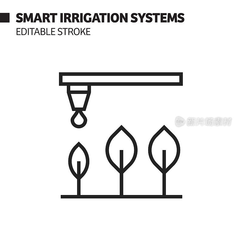 智能灌溉系统线图标，轮廓矢量符号插图。完美像素，可编辑的描边。