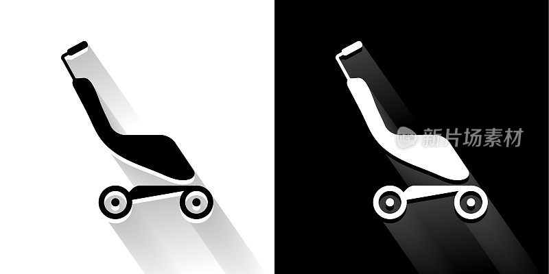 折叠婴儿车黑色和白色图标与长影子