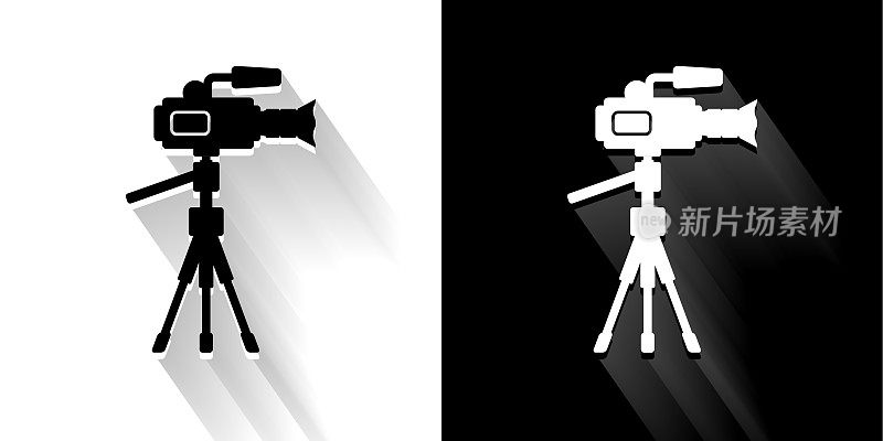 电影相机与长影子的黑白图标