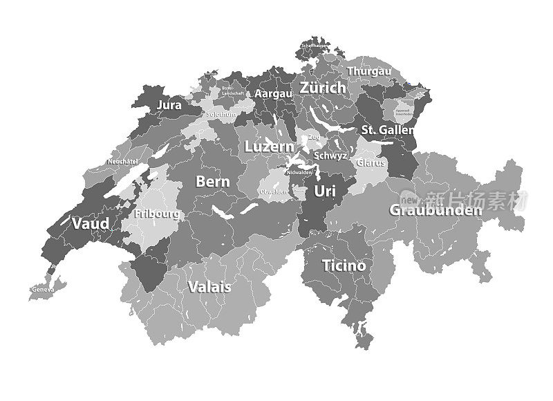 瑞士矢量地图颜色的州与地区边界