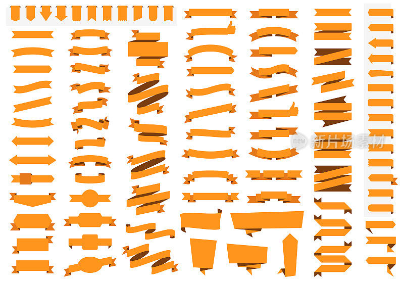 一套橙色丝带，横幅，徽章，标签-设计元素在白色的背景