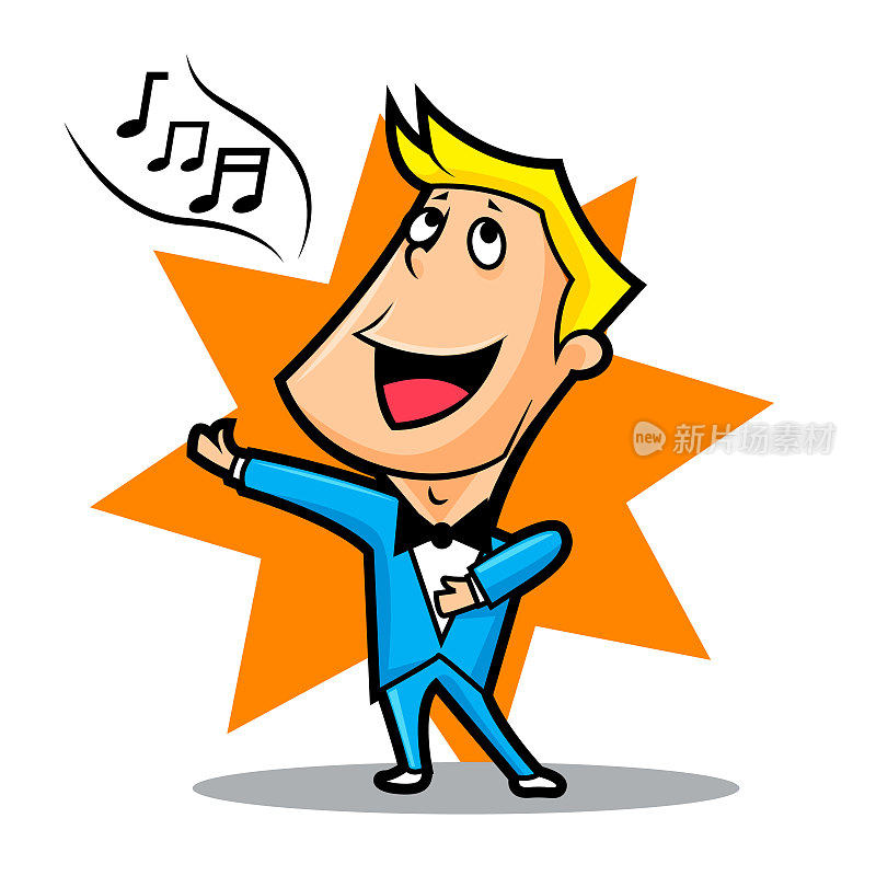 卡通的超级明星歌手角色戴着领结，在明星形状的背景上唱歌，矢量的角色吉祥物
