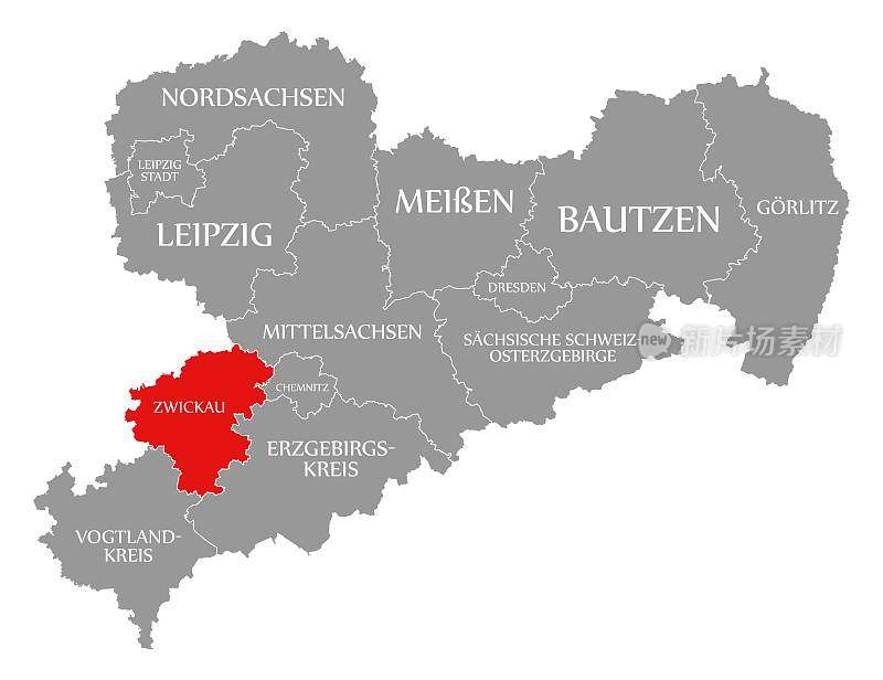 兹威考在德国萨克森州地图上用红色标出