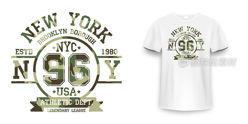 军旅风格的t恤设计，带有迷彩纹理。纽约市印刷与口号衬衫印刷。白色t恤模型与图形印花