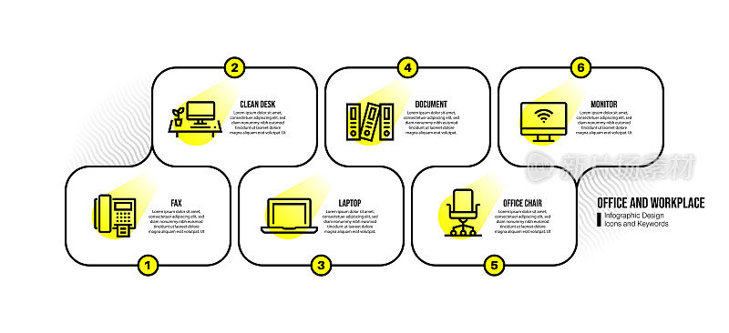 信息图表设计模板与办公室和工作场所的关键字和图标