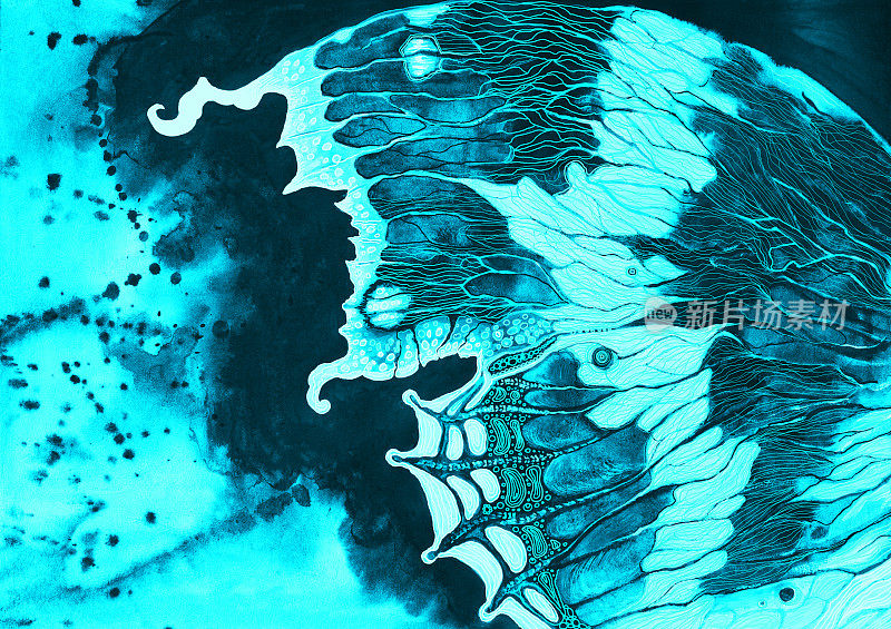时尚的夏季插图寓言现代艺术水彩画飞蝴蝶与明亮的装饰翅膀的背景蓝色的天空从当前的水彩在蓝色的颜色在纸上滴