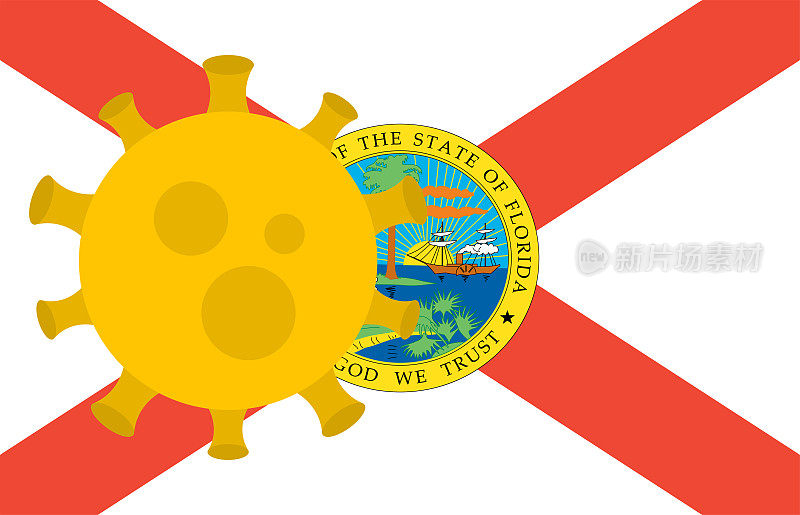 带有爆发病毒的佛罗里达州旗。新型冠状病毒病。