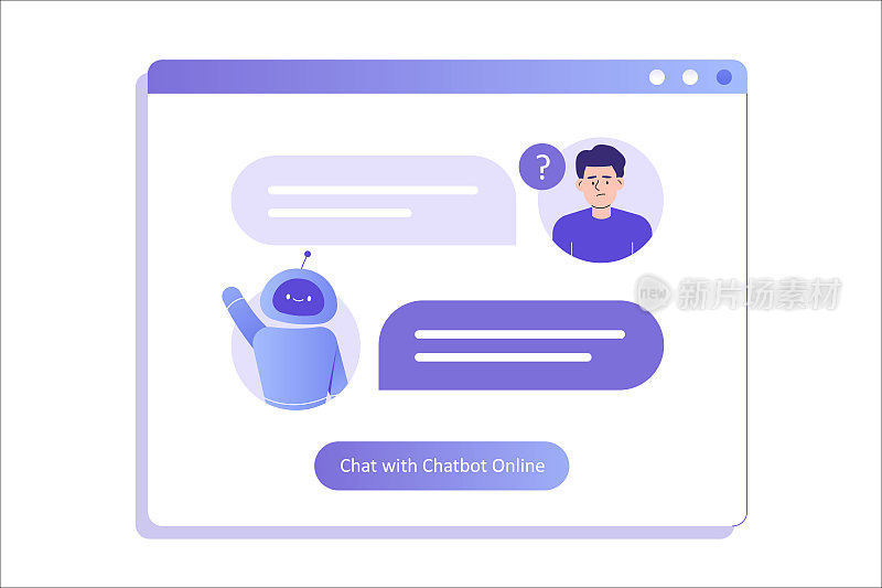 聊天机器人ai和客户服务理念。一个年轻人在一个大用户界面上和聊天机器人聊天。聊天机器人虚拟助手通过消息。客户支持。帮助。向量孤立的插图