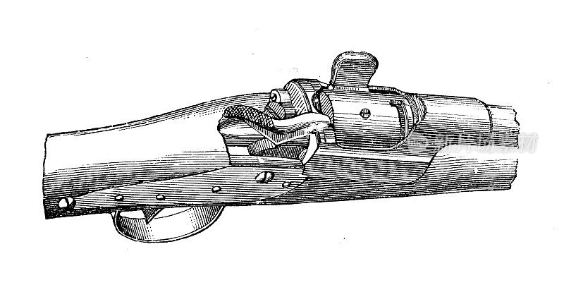 古董插图:武器枪步枪扳机部分