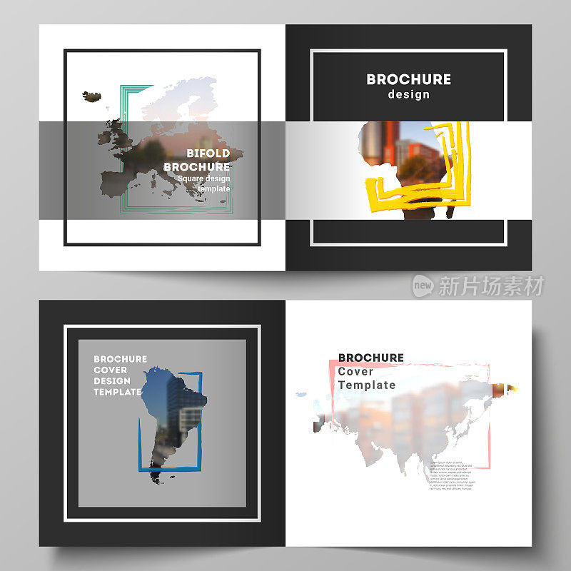矢量布局的两个封面模板为方形双折宣传册、传单、封面设计、书籍设计、宣传册封面。以世界地图和彩色框架的形式设计模板，插入您的照片。