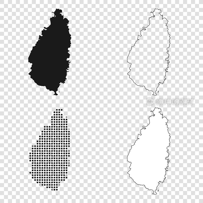 圣卢西亚地图设计-黑色，轮廓，马赛克和白色