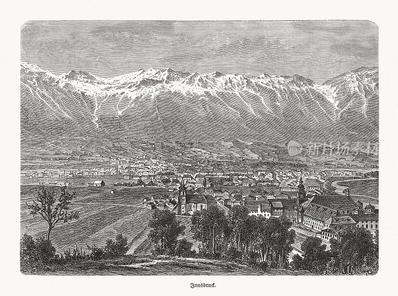奥地利，蒂罗尔，因斯布鲁克的历史观，木刻，1893年出版