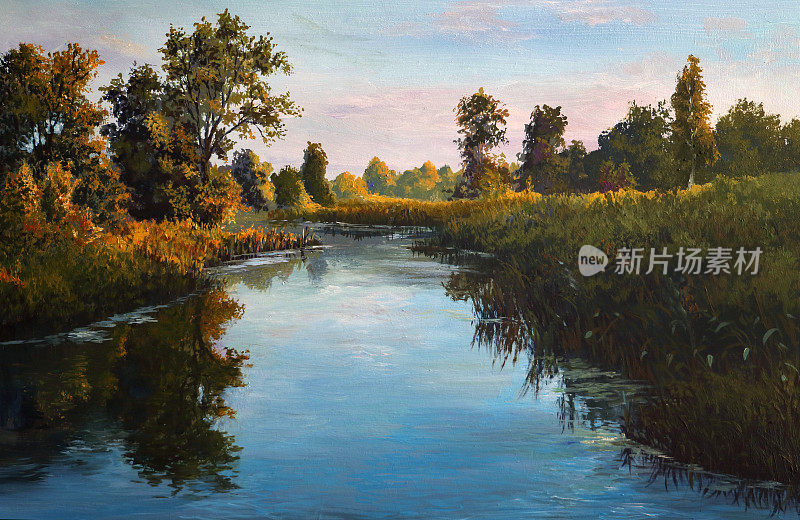 平静的夏夜河流，油画