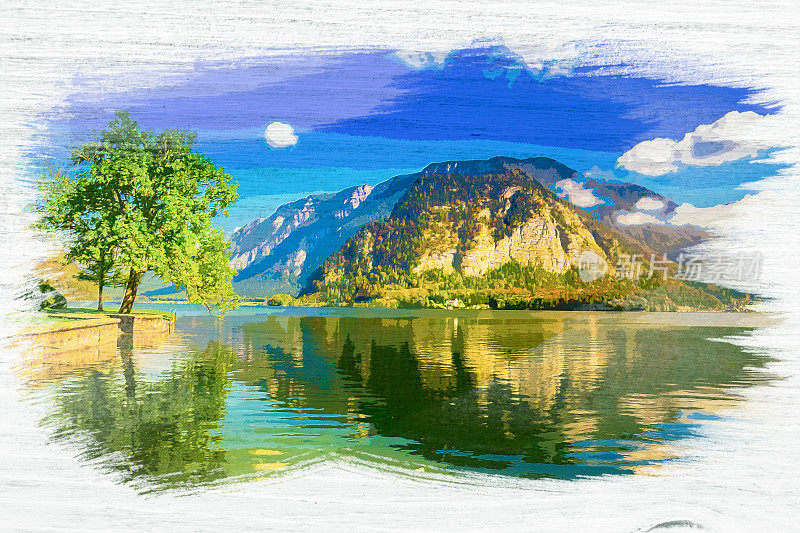 阿尔卑斯山的高山湖泊，奥地利哈尔斯塔特，水彩画