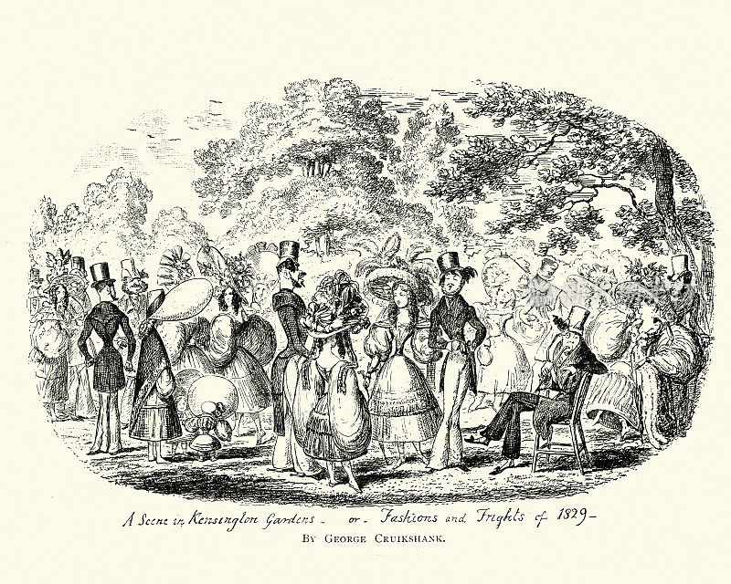 乔治·克鲁克尚克的漫画，1829年，肯辛顿花园的场景，1829年的时尚和恐怖