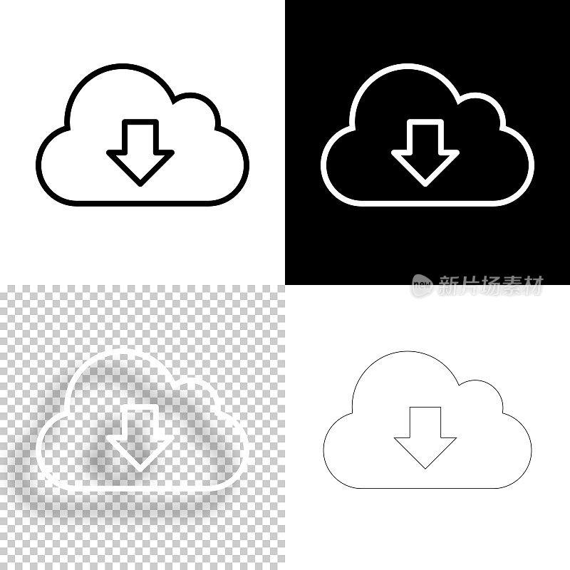 云下载。图标设计。空白，白色和黑色背景-线图标